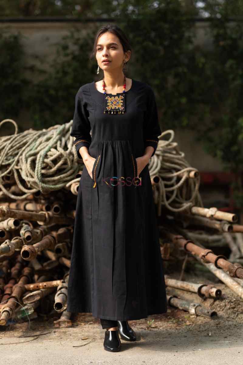 Image for Kusvaa Ws511 Black South Cotton A Line Kurta With Necklace Front