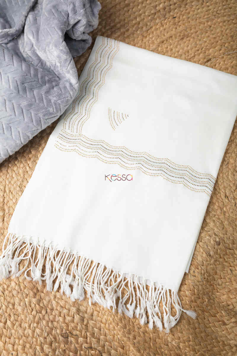 Image for Kusvaa Kusl61 Swarovski Work White Woolen Shawl Featured