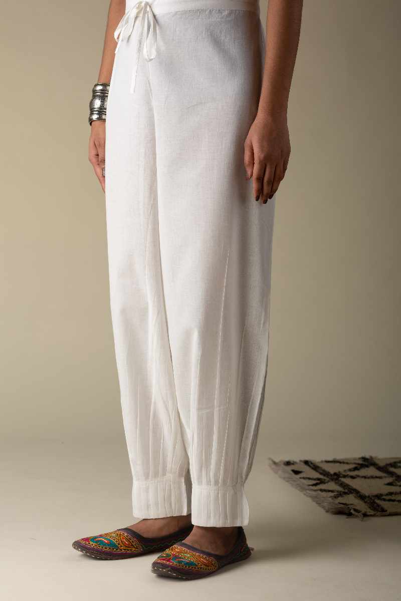 Image for Kusvaa Sap14 Pleated Cotton Salwar White Front New