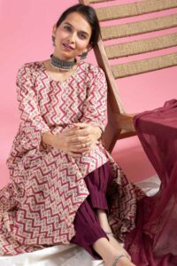 Image for Kusvaa Wsr417 Swara Cotton Kalidar Kurta Dupatta Set Sitting