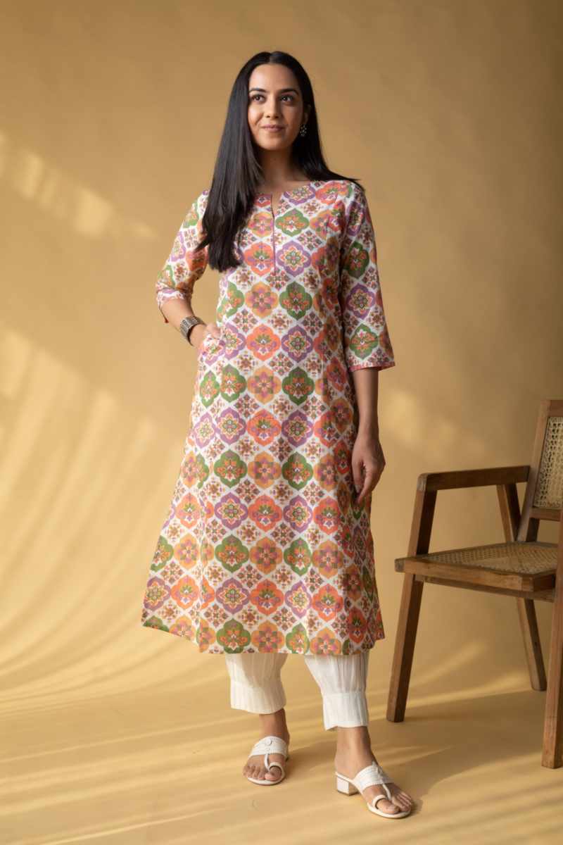 Beige - Kashida Hand Embroidery Cotton Unstitched Kurta Material (2.5m) 34