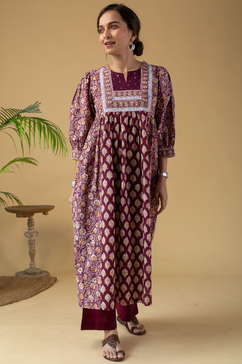 Image for Kusvaa Wkr195 Pravya Cotton Block Print Kurta Pocket Latset