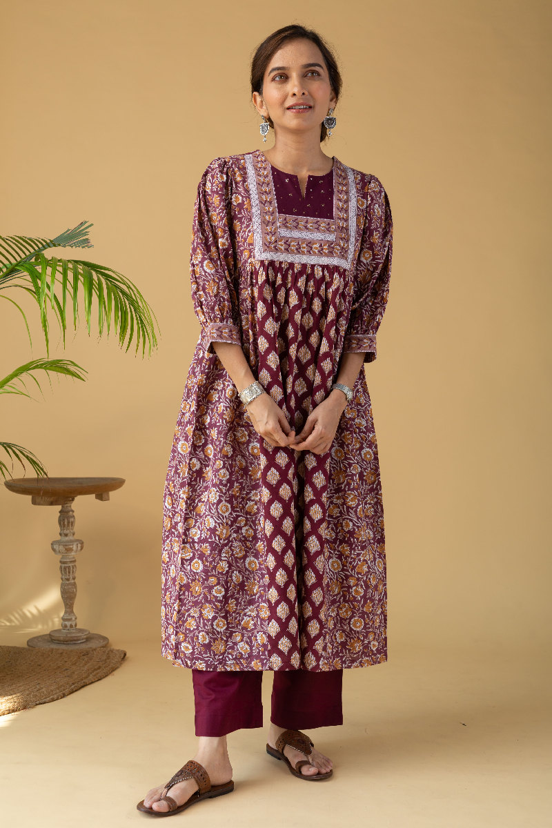 Image for Kusvaa Wkr195 Pravya Cotton Block Print Kurta Sitting Latset