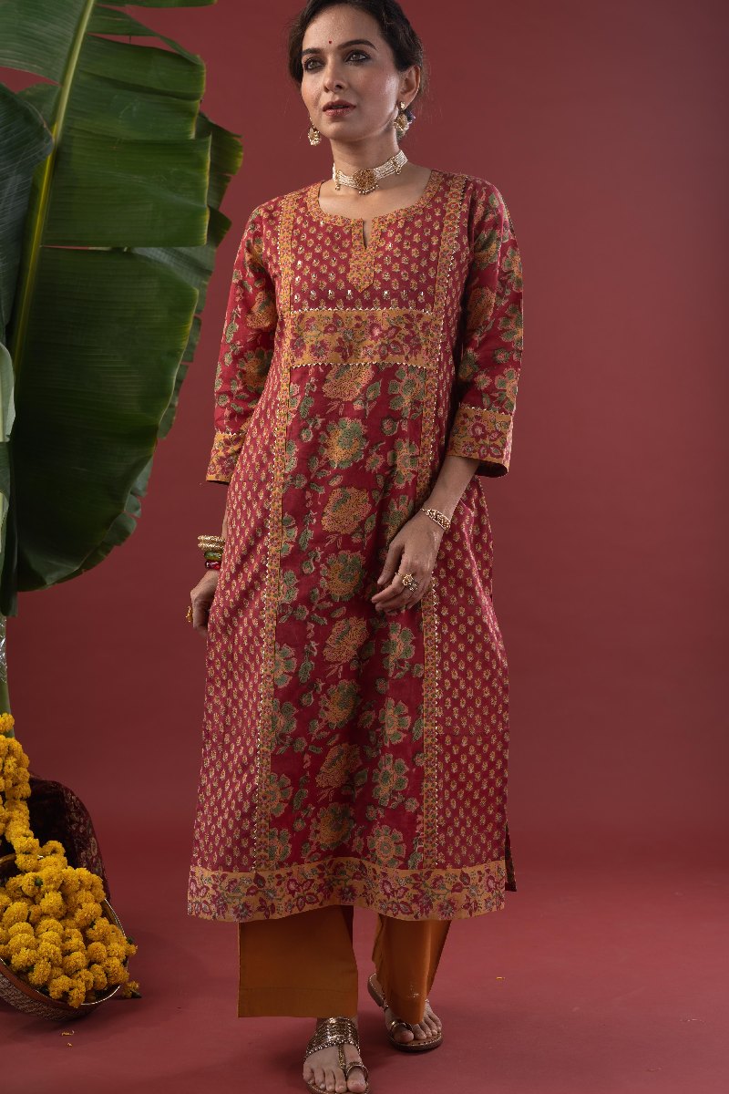 Image for Kusvaa Wkr215 Ahani Cotton Handblock Print Kurta Closeup 4