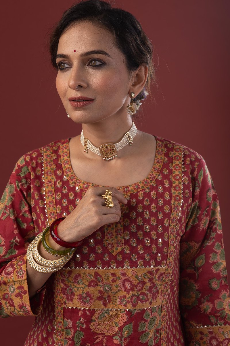 Image for Kusvaa Wkr215 Ahani Cotton Handblock Print Kurta Sleeves