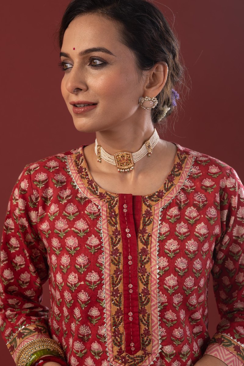 Image for Kusvaa Wkr217 Anvitha Cotton Handblock Print Kurta Closeup 4