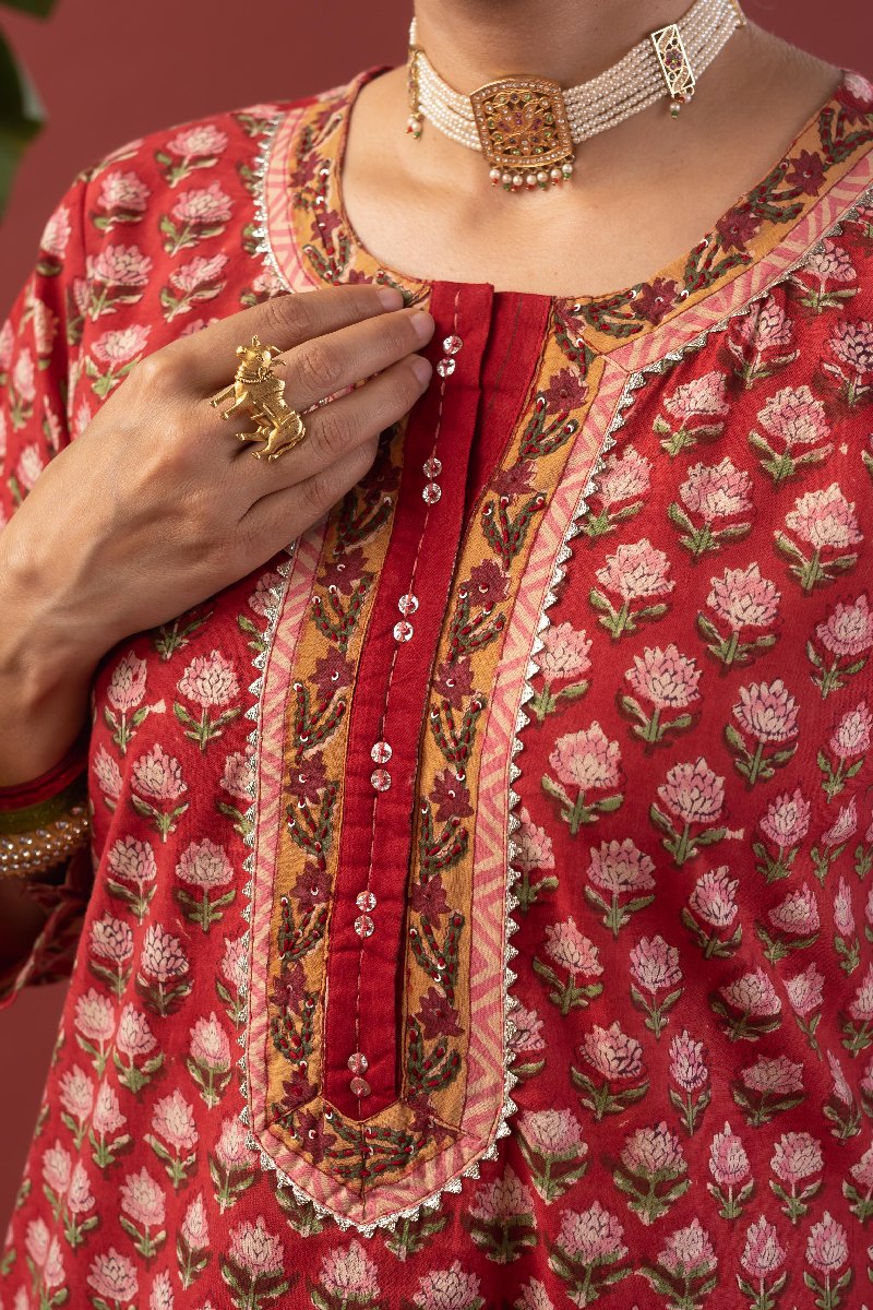 Image for Kusvaa Wkr217 Anvitha Cotton Handblock Print Kurta Closeup