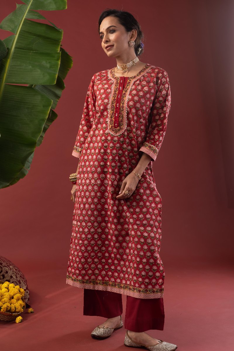 Image for Kusvaa Wkr217 Anvitha Cotton Handblock Print Kurta Pocket