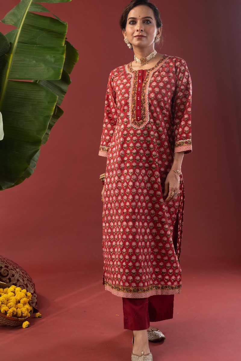 Image for Kusvaa Wkr217 Anvitha Cotton Handblock Print Kurta Sitting