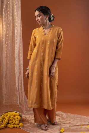 Image for Kusvaa Cood114 Pranashiv Chanderi Kurta Pant Set Neck
