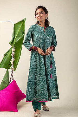 Image for Kusvaa Cood033 Tithira Cotton Bandhani Kurta Pant Set Neck New