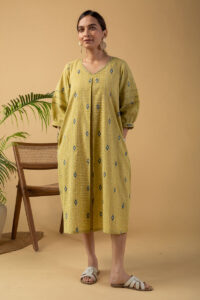 Image for Kusvaa Dr065 Devisha Handloom Cotton A Line Dress Sleeves New